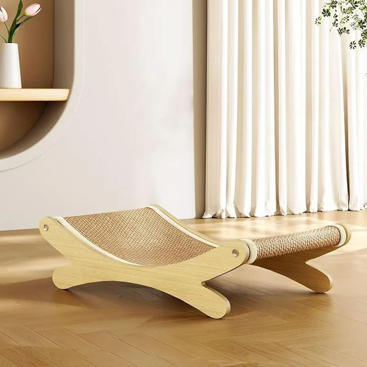 Lit 2-en-1 en sisal pour chat avec griffoir pour chats de grande taille - Hamac avec coussin en sisal, meuble en bois pour chat pour griffer et se reposer (Khaki 1 pièce)