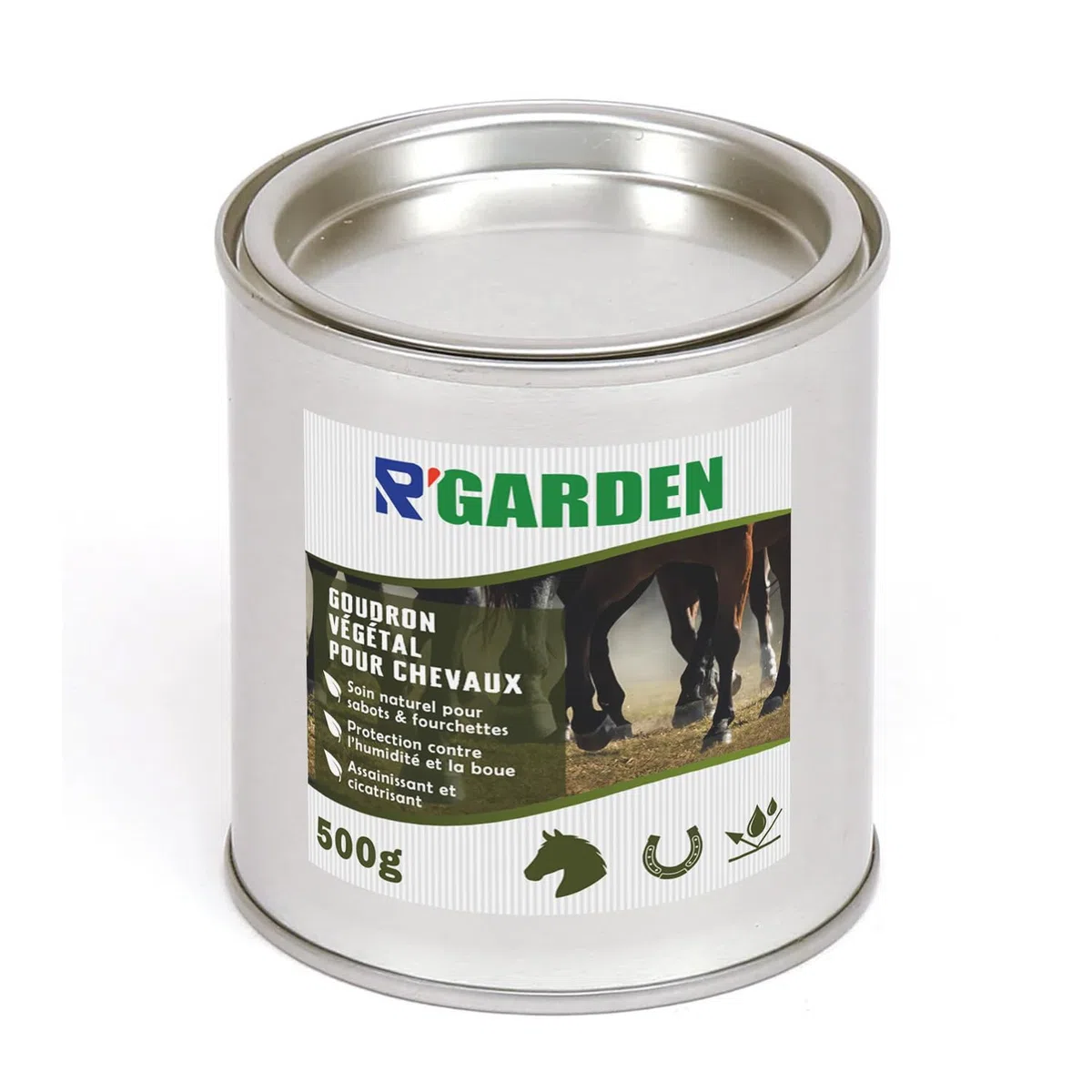 R'GARDEN - Goudron Végétal pour Chevaux – Soin Naturel pour Sabots & Fourchettes – Assainissant et Cicatrisant – Protection Contre l’Humidité et la Boue – Entretien Sabots – 500g