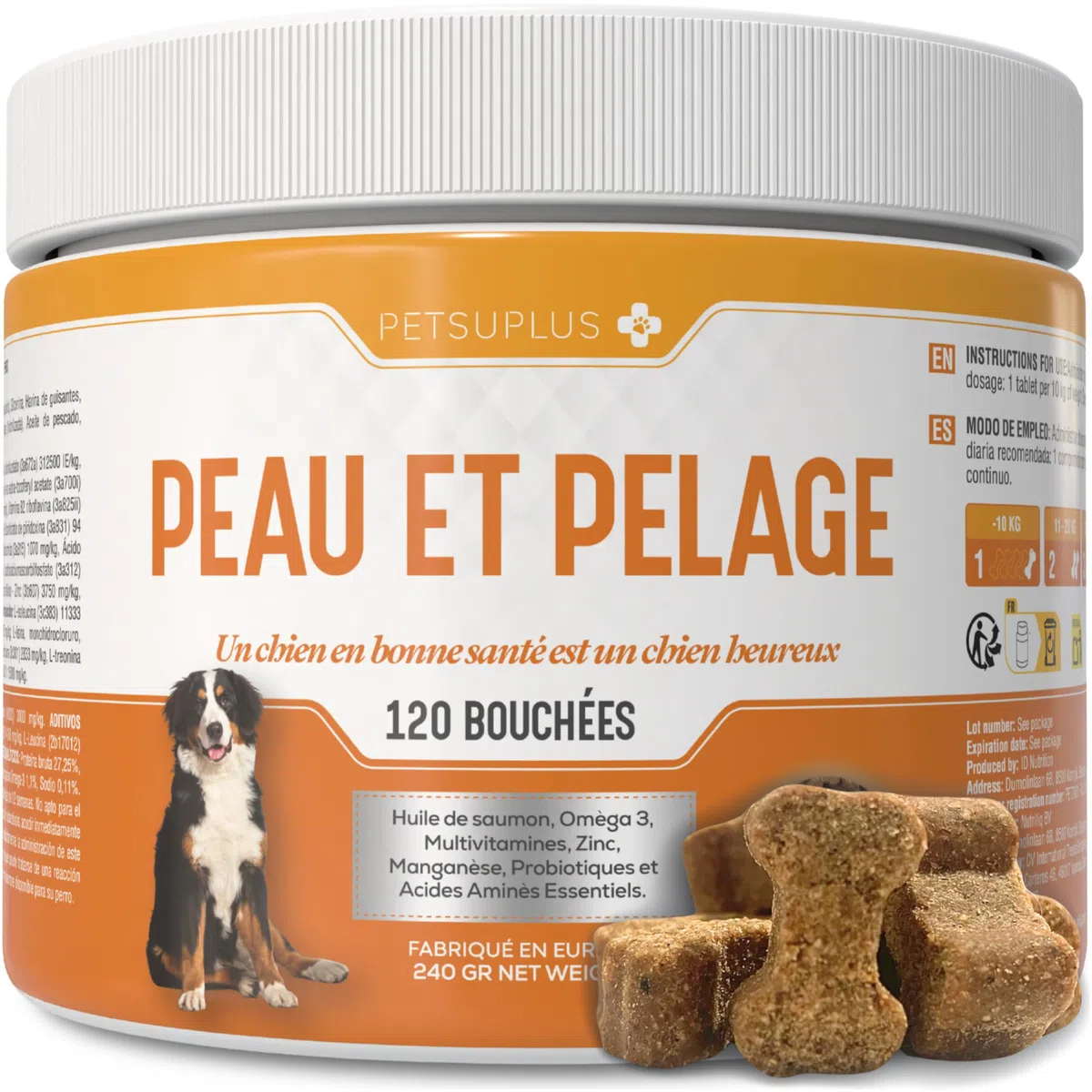 Peau et Pelage - Complement Alimentaire Chien avec Omega 3 et Huile de Saumon pour Chien. Contre Démangeaisons, Peau sèche, Irritations, Perte de Poils et l'Irritabilité - 120 Bouchées