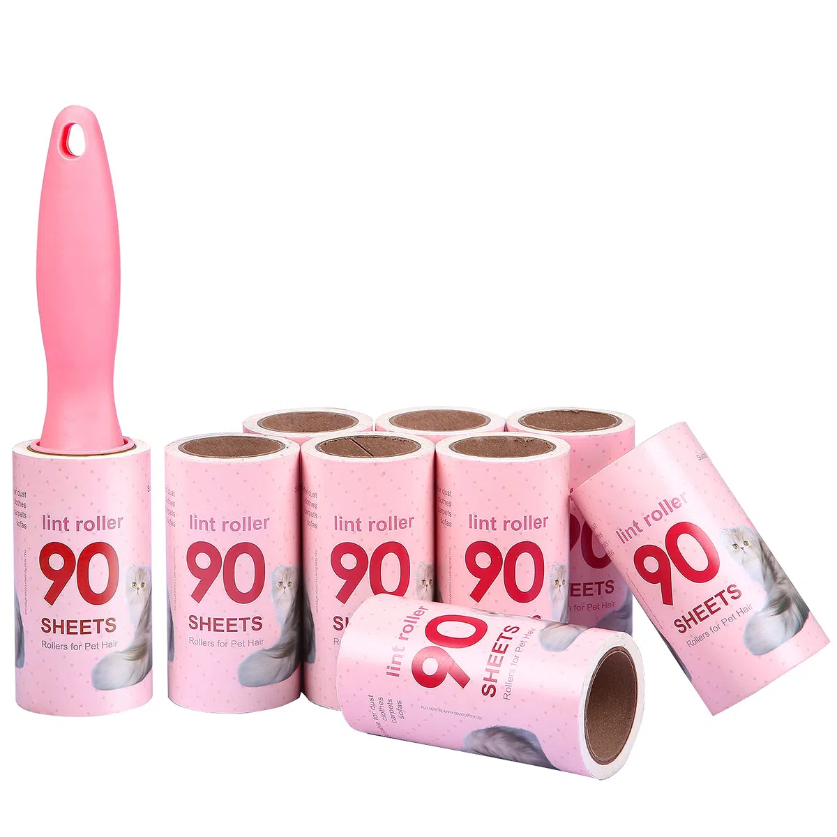 Lot de 9 Rouleaux de 15 mètres divisés en 90 Feuilles prédécoupées (Total 135 mètres)+1 poignée, Brosse adhésive Rouleau pour Chiens et Chats Rouleau pelucchi