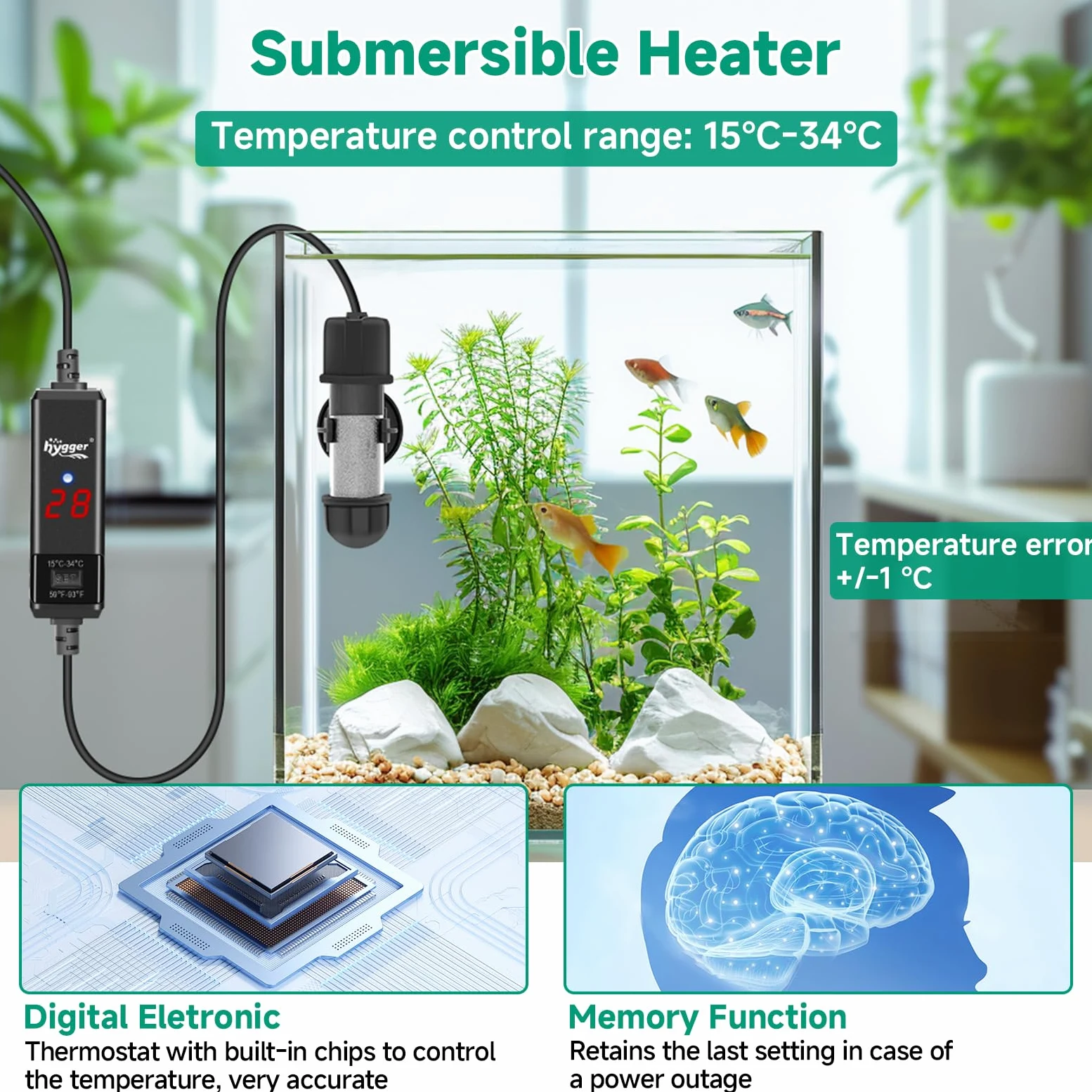 hygger Chauffage Aquarium Mini Chauffage Aquarium, Submersible Chauffage pour Aquarium, Réglable Aquarium Heater 15-34℃ avec Digital Display Controller pour Aquarium de Poissons et de Tortues (10W)