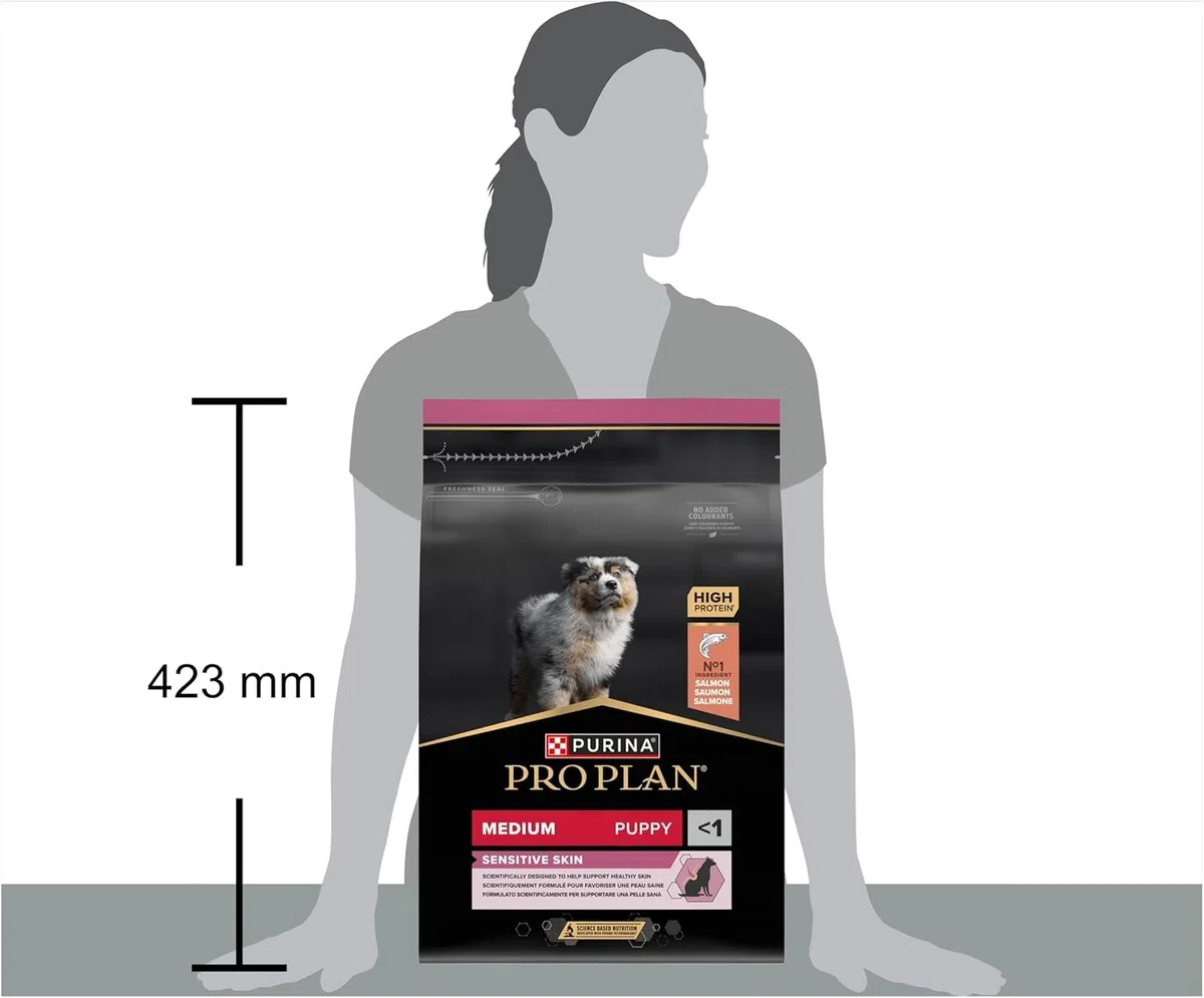 PURINA PRO PLAN | Sensitive Skin | Croquettes complètes pour chiot de moyenne taille | Favorise une peau saine et un pelage brillant | Au Saumon | Croquettes | Sac | 3 Kg