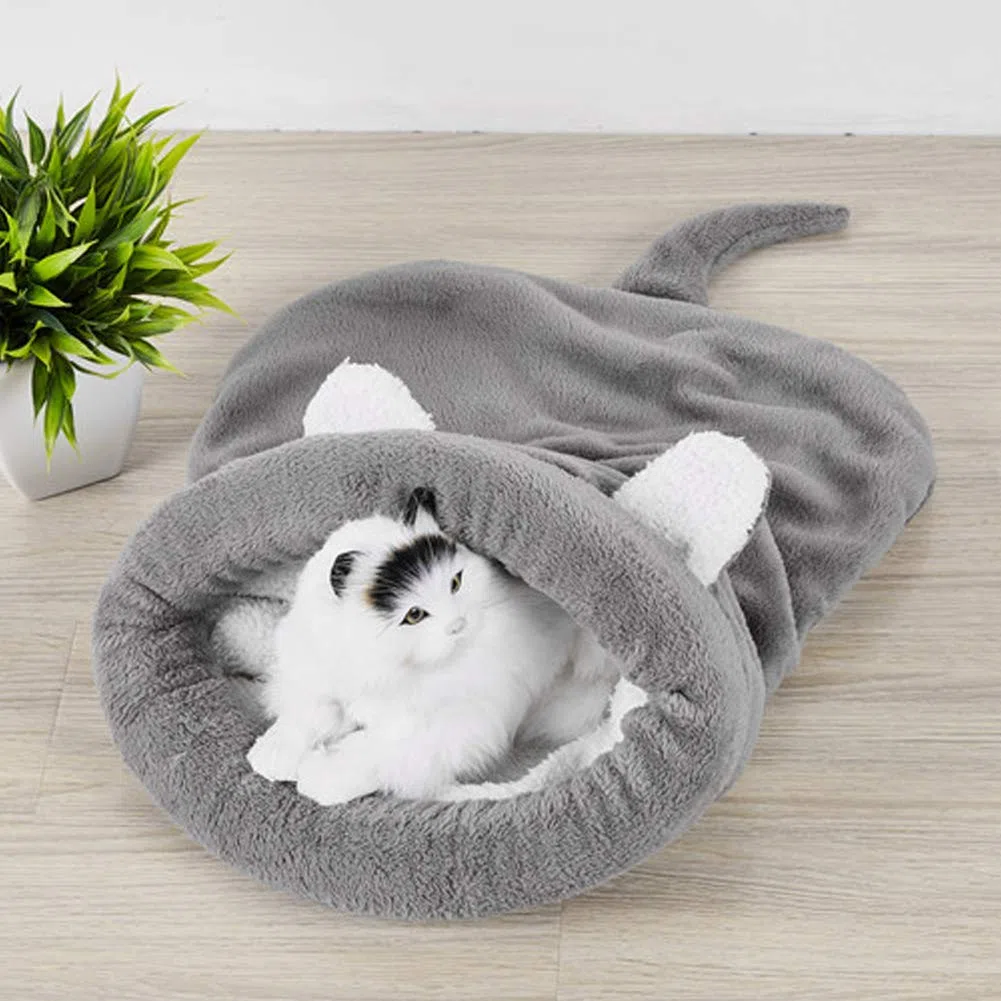 Pssopp Sac de Couchage pour Chat Doux en Peluche Auto-Chauffant Lavable Lits de Chat Câlin Sac Couverture Tapis Kitty Sac pour Chat et Chiot(Gris)