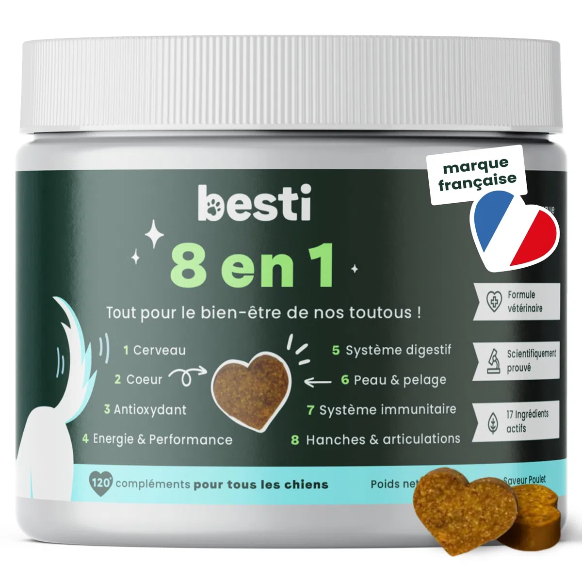BESTI - 8 en 1 | 120 Compléments Alimentaires Premium Multi-Vit pour Chiens | Vitalité, Probiotiques, Articulations, Pelage, Coeur, Cerveau | Marque Française - Formule Vétérinaire | Au Poulet | 300gr