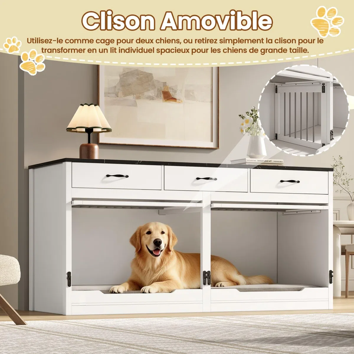 Cage pour Chien XXL 164×60×81cm,Niche/Cage Chien Interieur,Buffet avec Couvercle Supérieur à Rabat,étagère Amovible,3 Tiroirs,pour 2 Chiens (Noir Blanc)