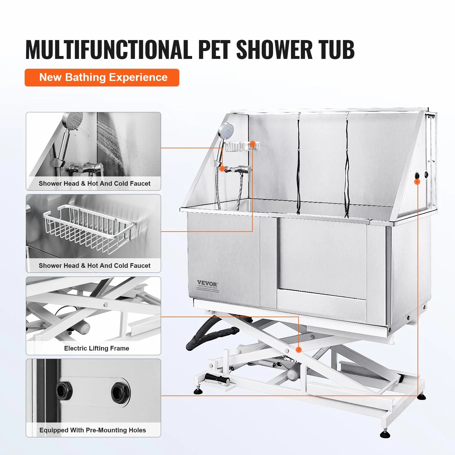VEVOR Baignoire de Toilettage Chien Électrique 127 cm Baignoire pour Chien Chat Acier INOX avec Boîte à Savon, Robinet, Accessoires Nombreux Baignoire pour Animaux de Compagnie Maison, Porte Droite