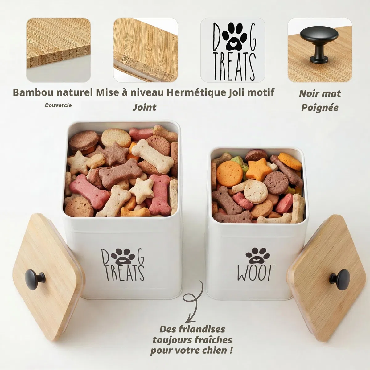 PerfNIQUE Boîte à friandises pour chien, avec 2 couvercles hermétiques, comptoir de cuisine et récipients de traitement pour animaux de compagnie, 7,8 x 6,2, 7,3 x 5,5 cm, blanc
