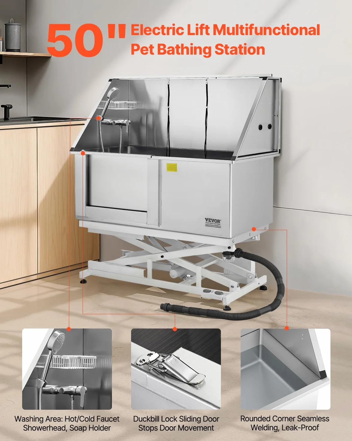 VEVOR Baignoire de Chien Acier Inoxydable, Baignoire de Toilettage Électrique pour Animaux de Compagnie 127 cm Station de Lavage Chat, avec Panneau Filtre Eau, Robinet, Pommeau de Douche, Porte Gauche