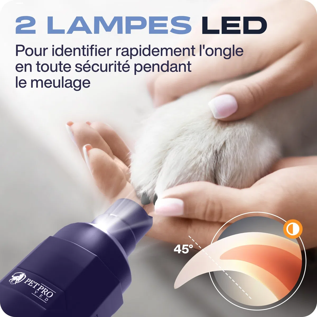 PETPROVED Lime pour Chien Lime Ongle Griffes Chien Electrique Silencieux Lime Griffe Chien Electrique avec 2 Lumières LED Sécurité Coupe Griffe Chien Chat Lime a Ongles pour Chien Professionnel
