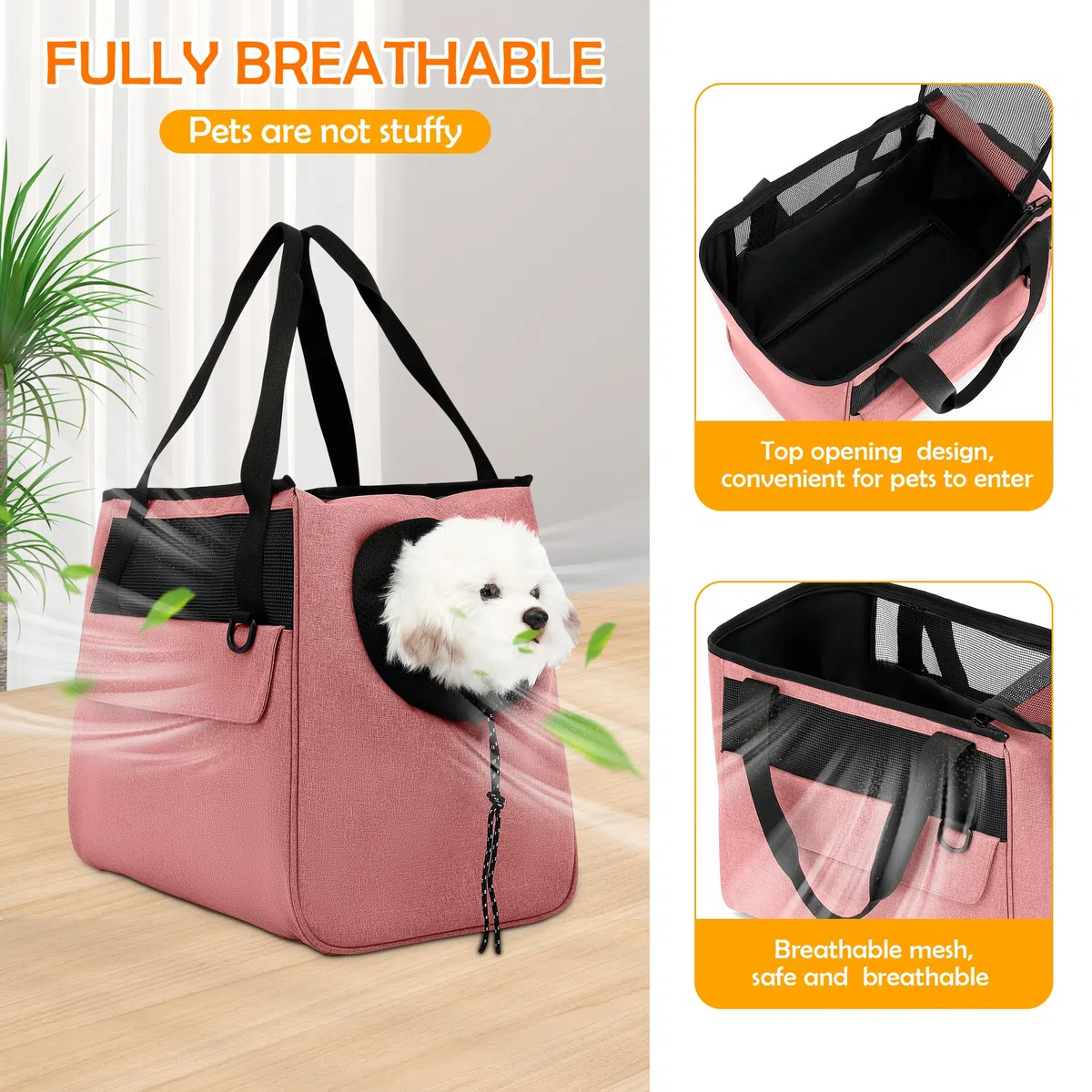 ALLSOPETS Sac pour Chien Sac à Main Respirant pour Chat Sac à Bandoulière pour Animaux de Compagnie Sac de Transport pour Chien avec Laisse de Sécurité et Poches pour Chiens Chiots Chats Rose