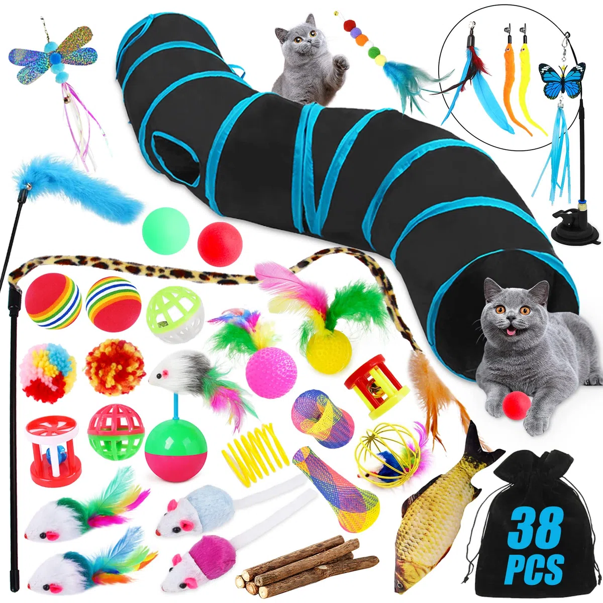 Kit Jouet pour Chat - 38 Pièces Animaux Domestiques Toys pour Chaton Minou - Boule, Tunnel et Jeu