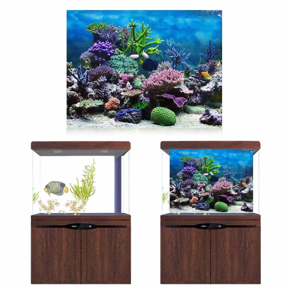 Affiche de Fond de réservoir de Poissons d'aquarium adhésif de PVC, Autocollant de Peinture de Papier Peint de Paysage sous-Marin décor de Corail(76 * 46cm)
