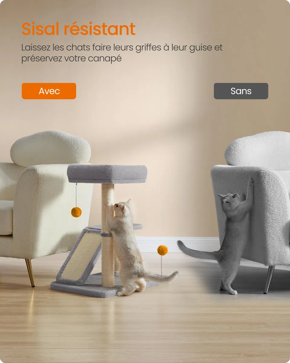 Feandrea Griffoir pour Chat avec Lit, Griffoir Multifonctionnel avec Rampe de Grattage Pivotante, Perchoir, Toilettage Autonome, Pompons, Petit Arbre à Chat, Gris Clair PCA024G01