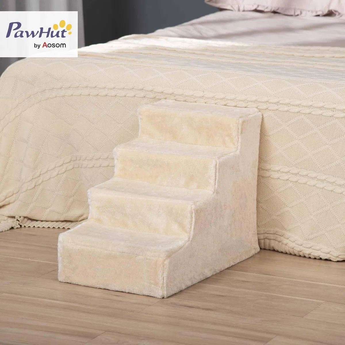 PawHut Escalier pour Chien à 4 Marches, Escalier pour Chat, Échelle Antidérapante pour Animaux de Compagnie, Housse Amovible et Lavable, 60 x 35 x 44 cm, Beige