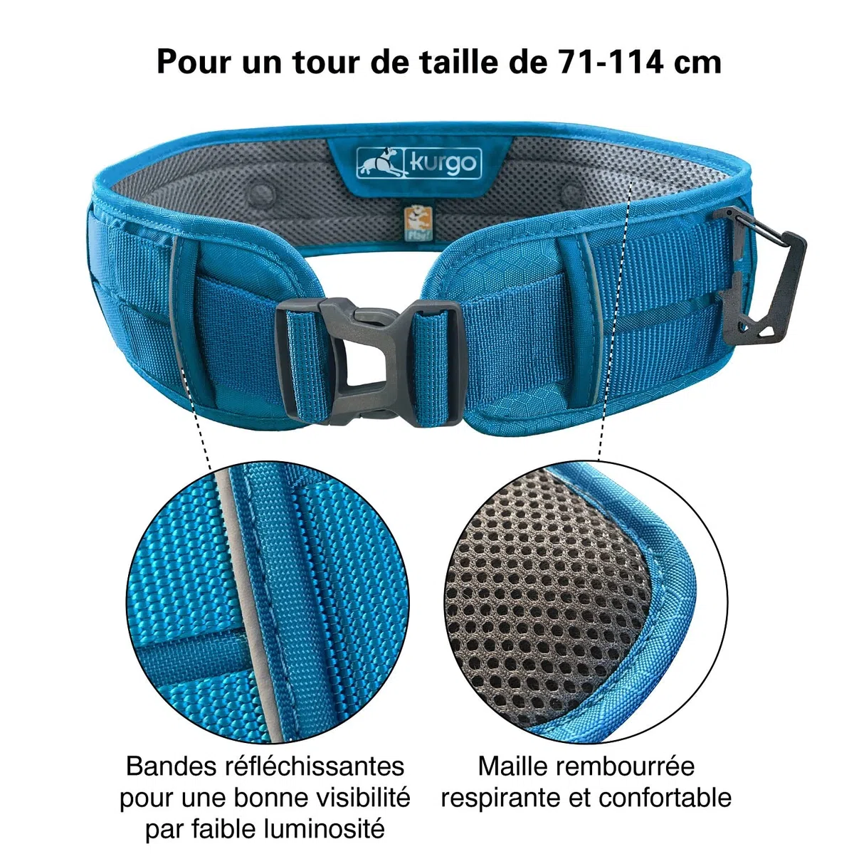 Kurgo Ceinture Ventrale RSG, Ceinture de Course ou Promenade Mains Libres Canicross, réglable, Bande réfléchissante, Compatible Molle, Bleue