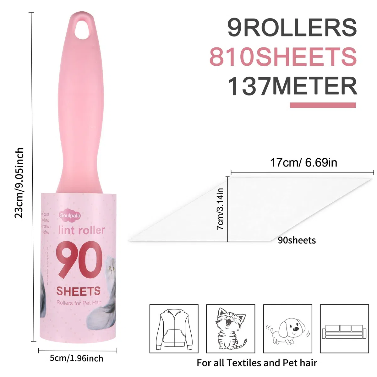 Lot de 9 Rouleaux de 15 mètres divisés en 90 Feuilles prédécoupées (Total 135 mètres)+1 poignée, Brosse adhésive Rouleau pour Chiens et Chats Rouleau pelucchi
