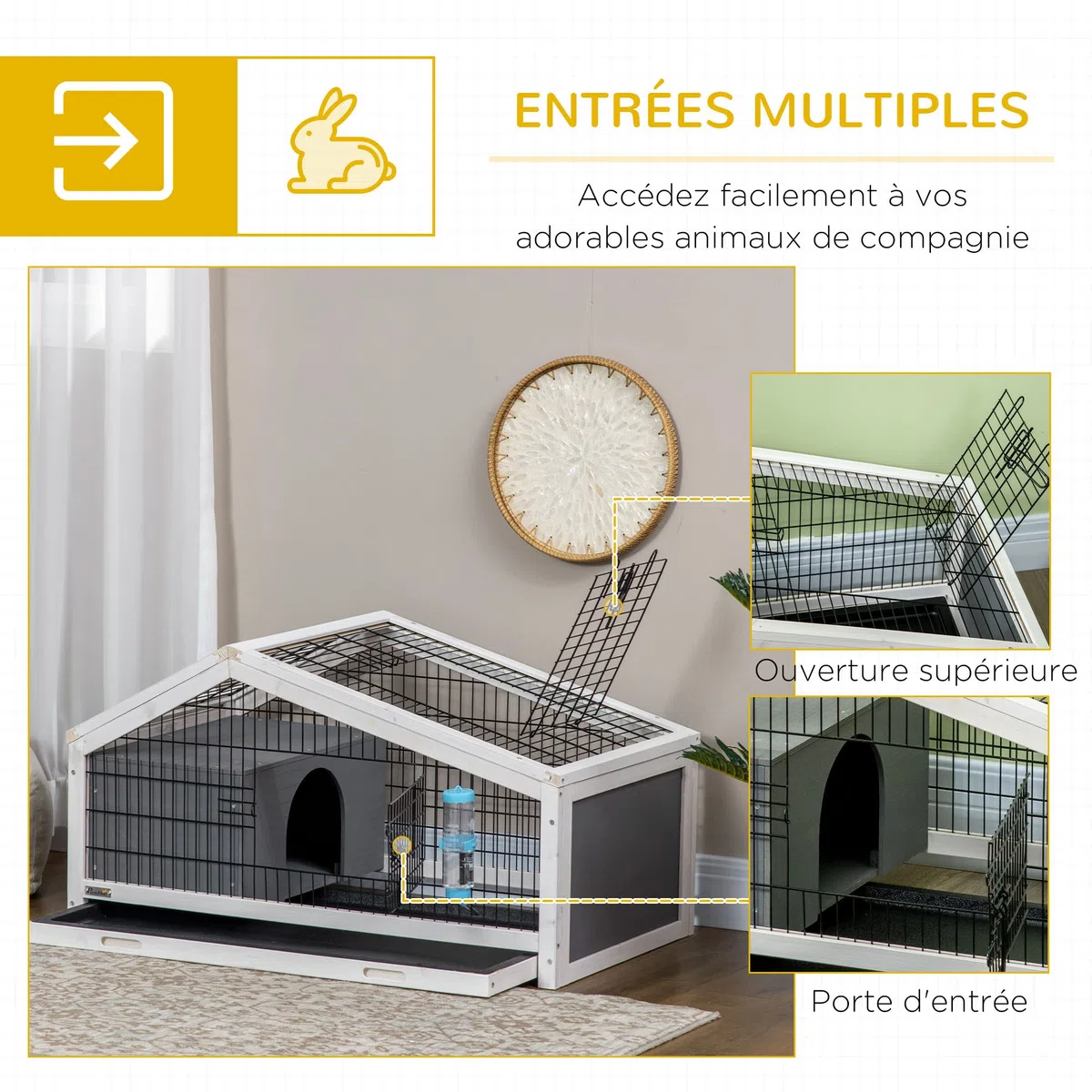 PawHut Clapier Cage à Lapin - Cage à Lapin intérieur Niche, Plateau déjection, Porte et Toit ouvrant verrouillables, Abreuvoir - Acier Noir Sapin Gris Blanc