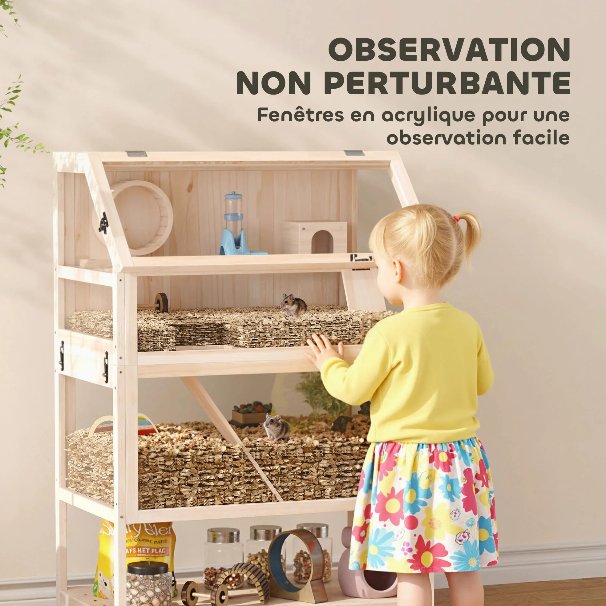 PawHut Cage pour Hamster en Bois XXL - Habitat pour Rongeur 3 étages avec Panneau Acrylique et Roue - Maison Petit Animal de Luxe avec Accessoires et étagère de Rangement, 80x53x117cm, Effet Bois