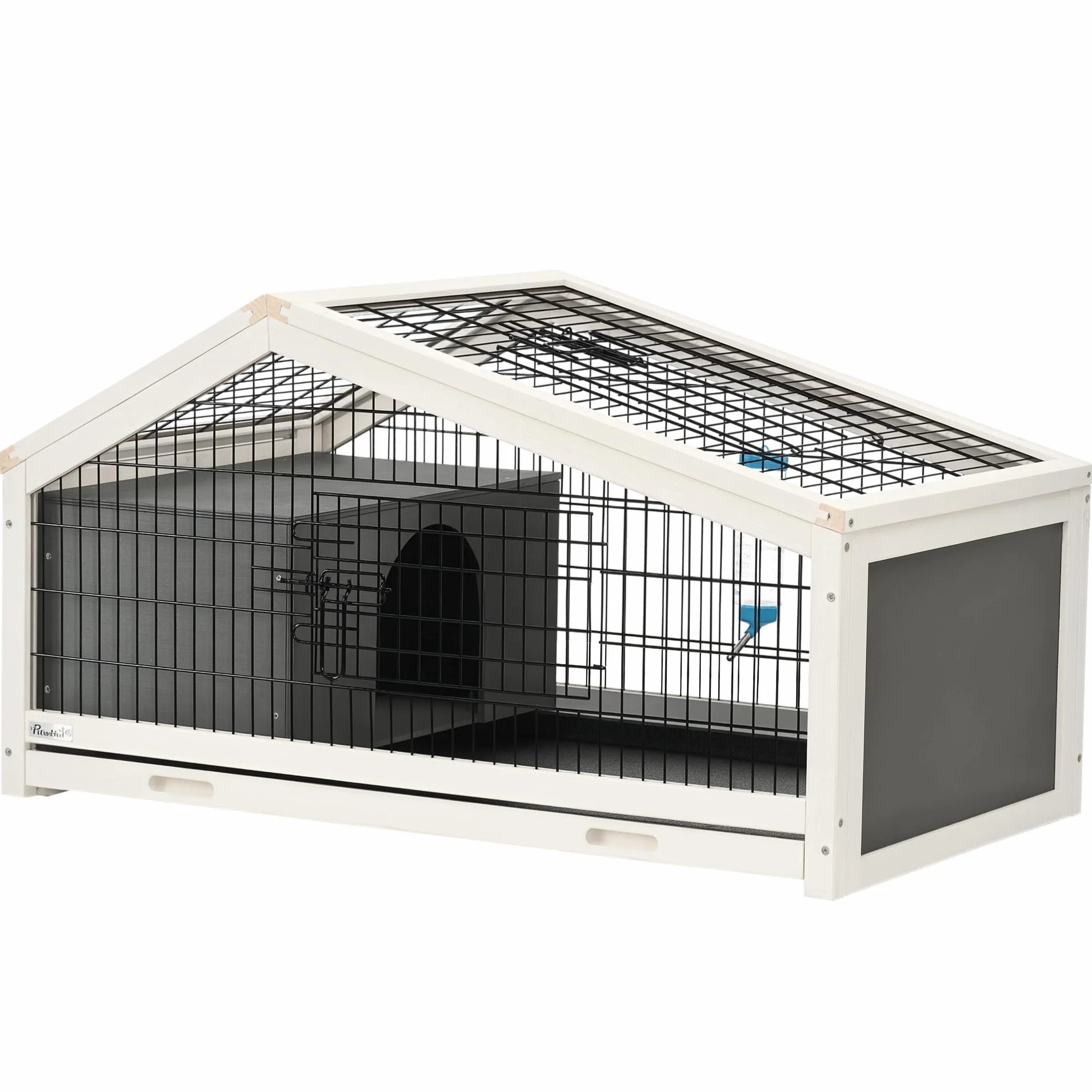 PawHut Clapier Cage à Lapin - Cage à Lapin intérieur Niche, Plateau déjection, Porte et Toit ouvrant verrouillables, Abreuvoir - Acier Noir Sapin Gris Blanc
