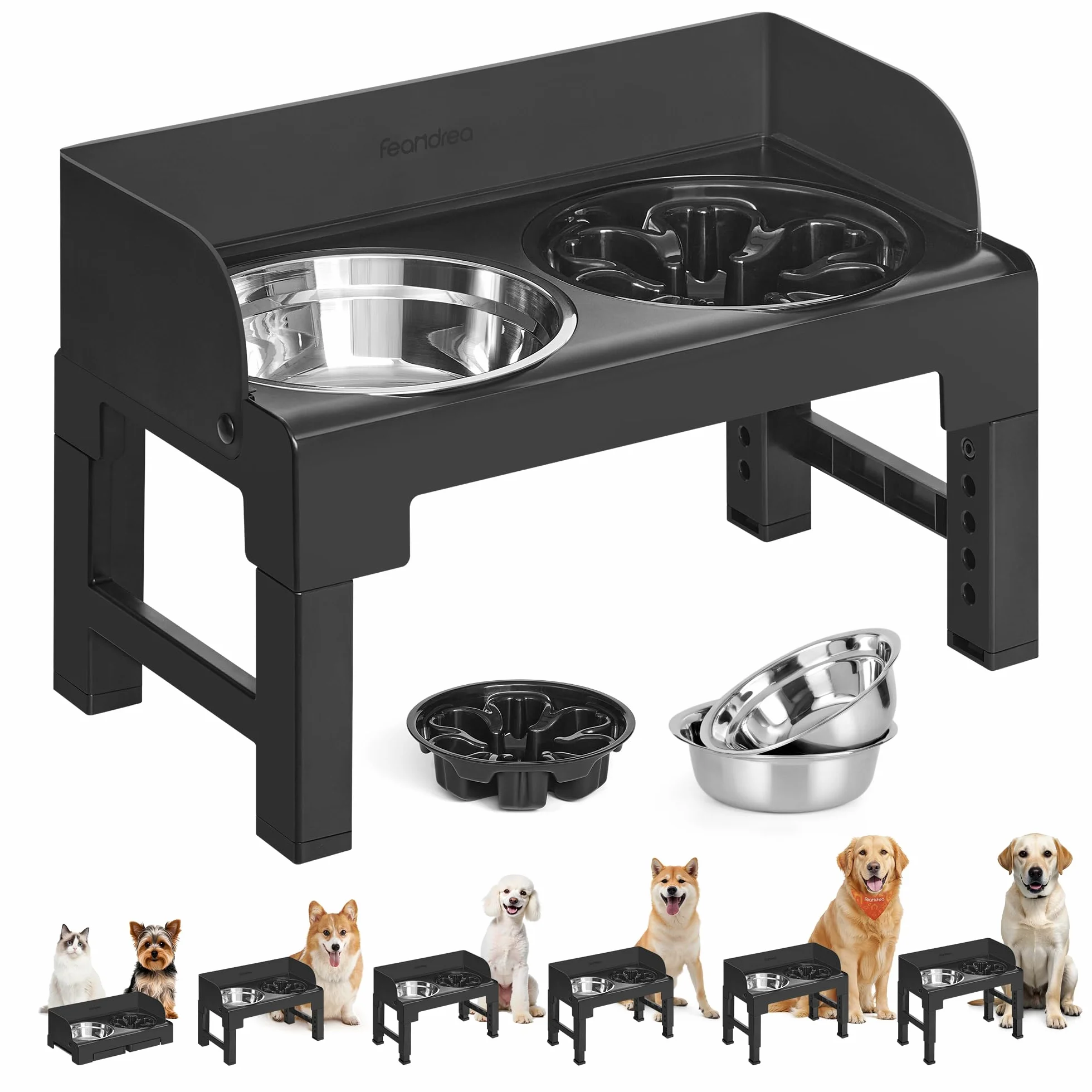 Feandrea Gamelle pour Chien Surélevée, avec Support, Ajustable en Hauteur et Inclinable, Support Gamelle, 2 Bols en Acier Inoxydable 304, 1 Bol Anti-Glouton, Noir d'encre PRB103B01