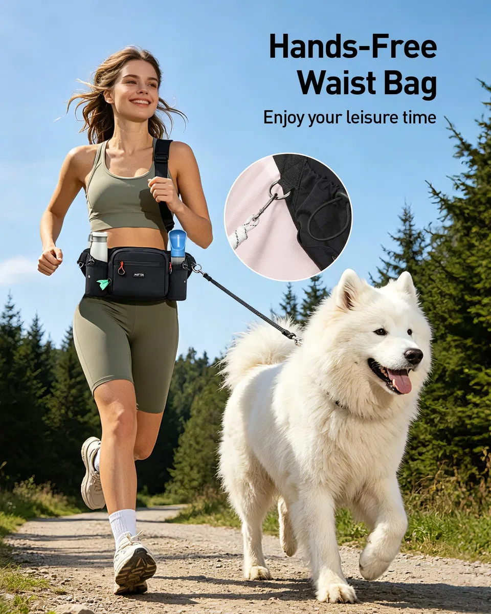 AGPTEK Sac à Friandises pour Chien, Sac Banane Grande Capacité Dressage Canin, Imperméable, Poche Amovible, Porte-Gourde, Distributeur de Sacs à Déjections, Fermeture Étanche, Sangle Ajustable, Noir