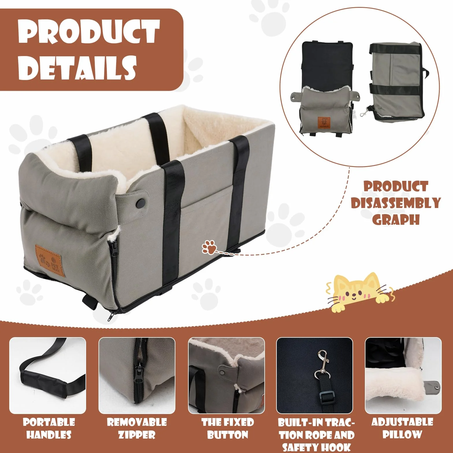 Siège Auto pour Chien Chat, Siège d'auto pour Chiens de Petite Taille avec Ceinture de sécurité Stable, Siège rehausseur de Voiture Amovible et Lavable, Console Centrale pour Chiens et Chats