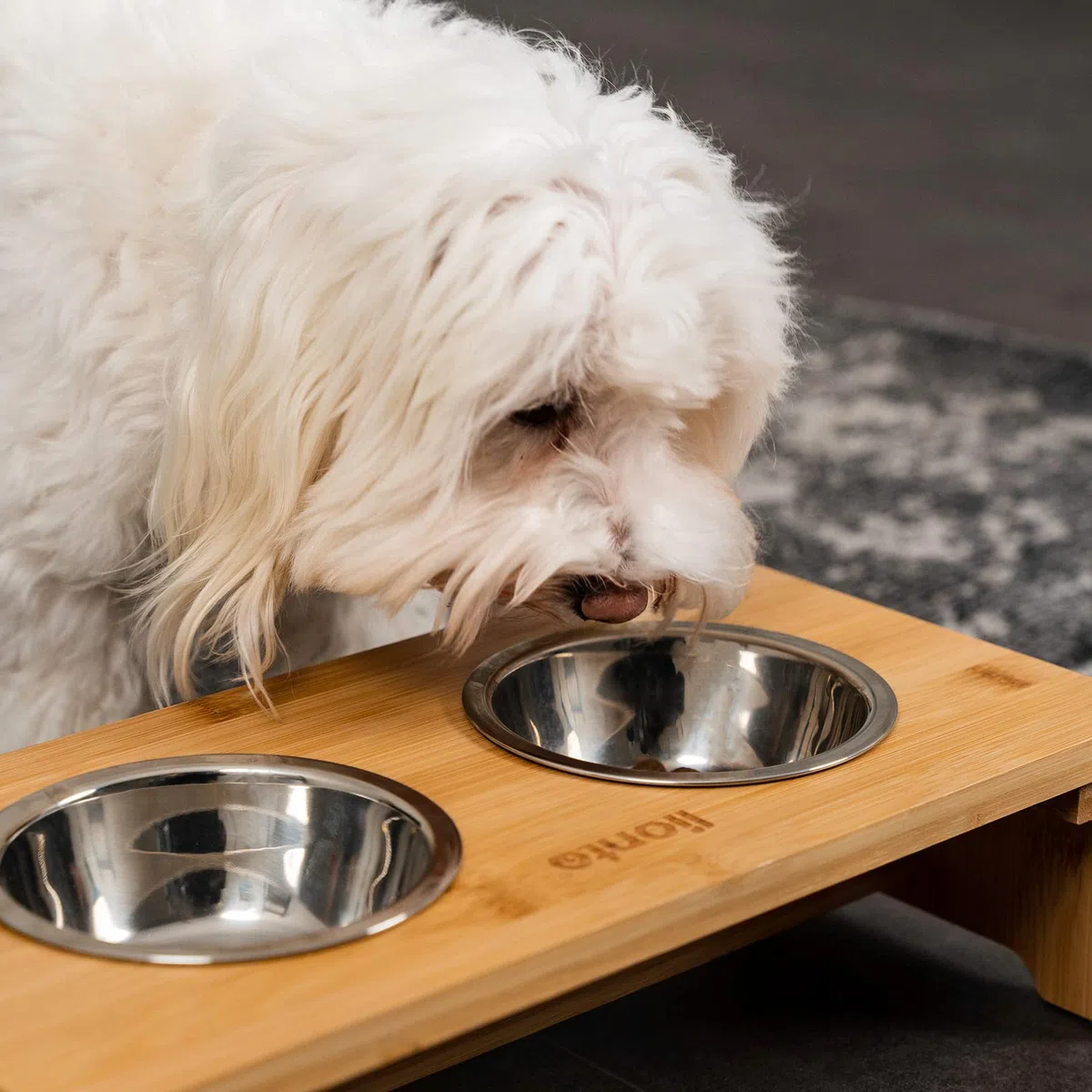 lionto Gamelle surélevée pour Chien en Bambou Robuste et Facile à Entretenir, 40x20x10 cm, Double écuelle pour Chiens et Chats, 2 Bols INOX Ø 11 cm, 350 ML chacun, antidérapante
