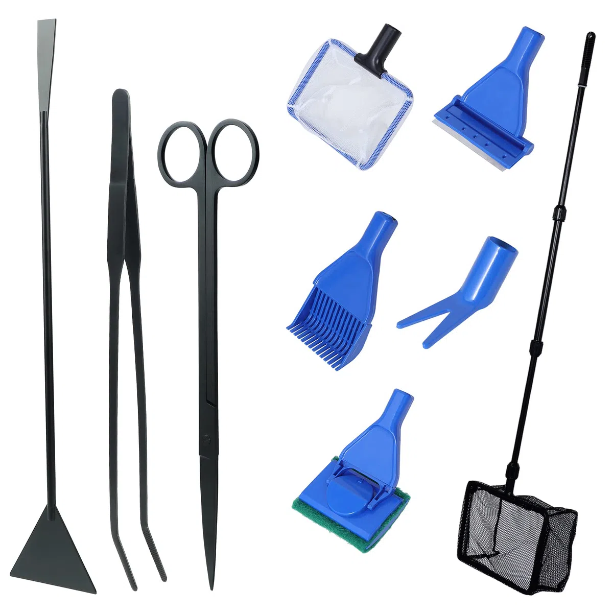 Coolty 9 en 1 Outils pour Aquarium pour Tailler Les Plantes Aquatiques Nettoyage de l'aquarium Filet à Poissons Râteau à Gravier Fourche à Plantes Grattoir Eponge Pince à épiler Ciseaux Grattoir