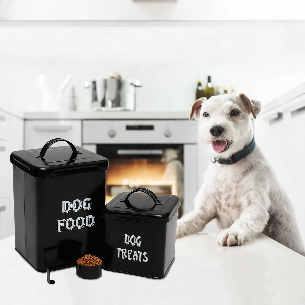 Morezi Lot de boîtes de nourriture et friandises pour animaux de compagnie avec pelle pour chats ou chiens – Acier carbone avec revêtement en poudre crème – Couvercles hermétiques – Boîtes de