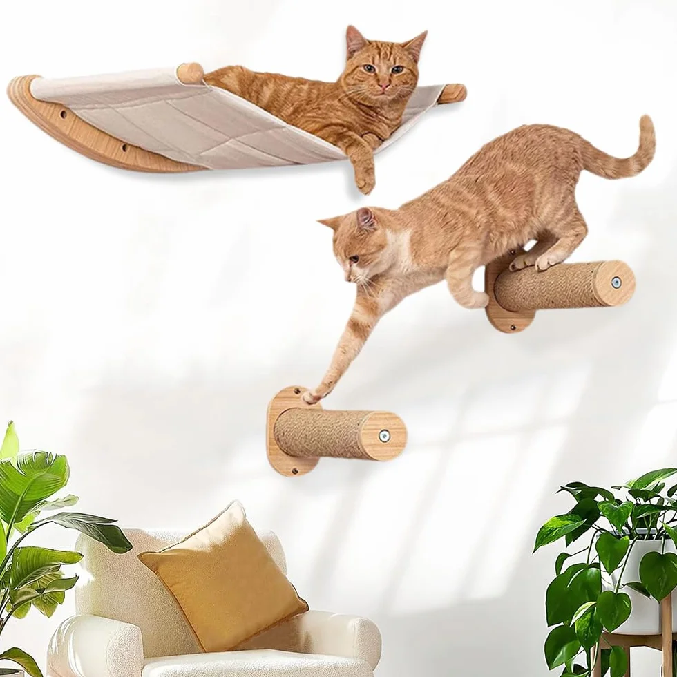 Hamac pour Chat Mural Grande Étagère pour Chat avec 2 Pilier d'escalade pour Chat, Fenetre Pliable Lit pour Chat, Capacité de Charge 18kg