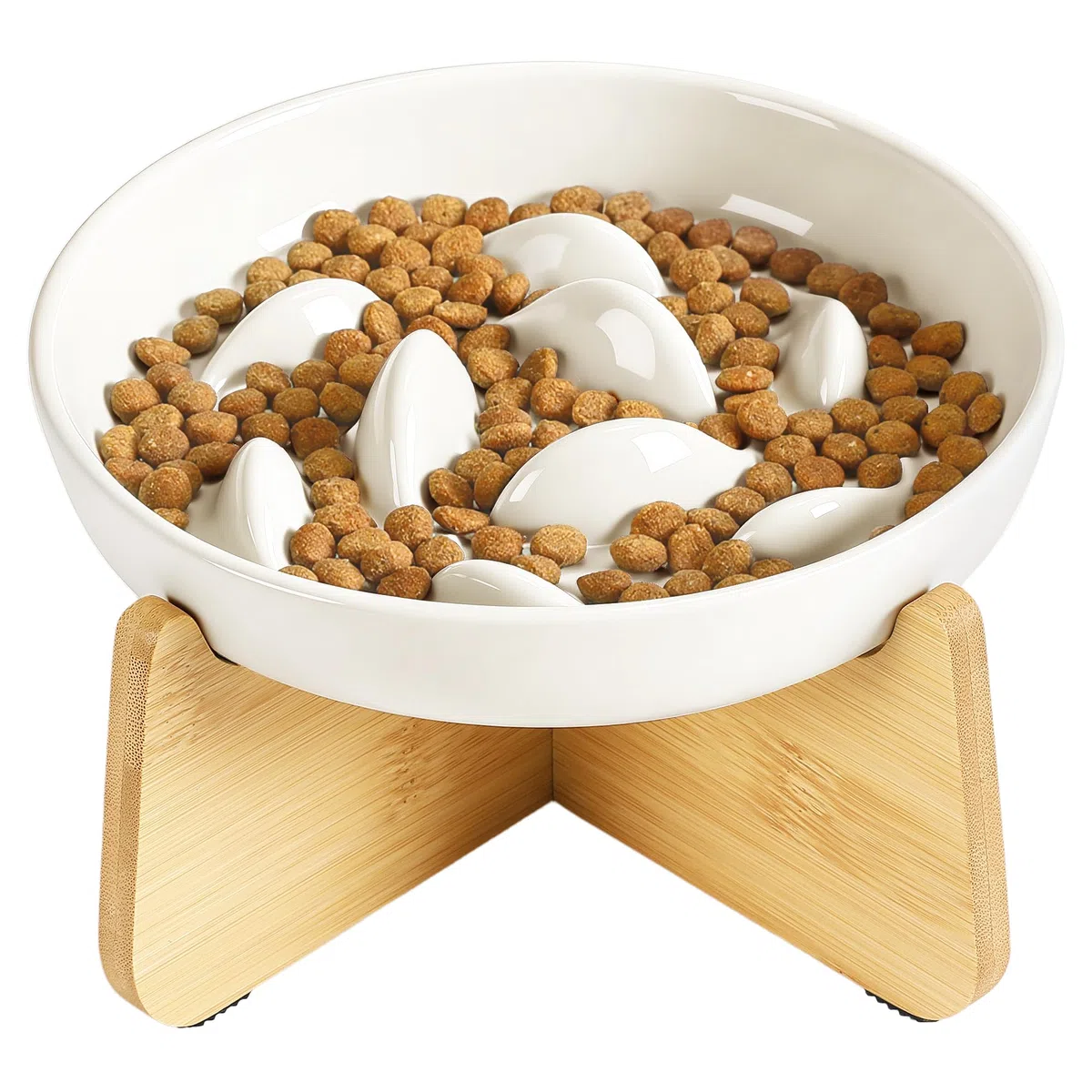 Gamelle Anti Glouton Chat Céramique Surélevée, Bol Assiette Hauteur pour Chats Gourmands avec Support Bambou, Anti Vomissement, Rond, Beige