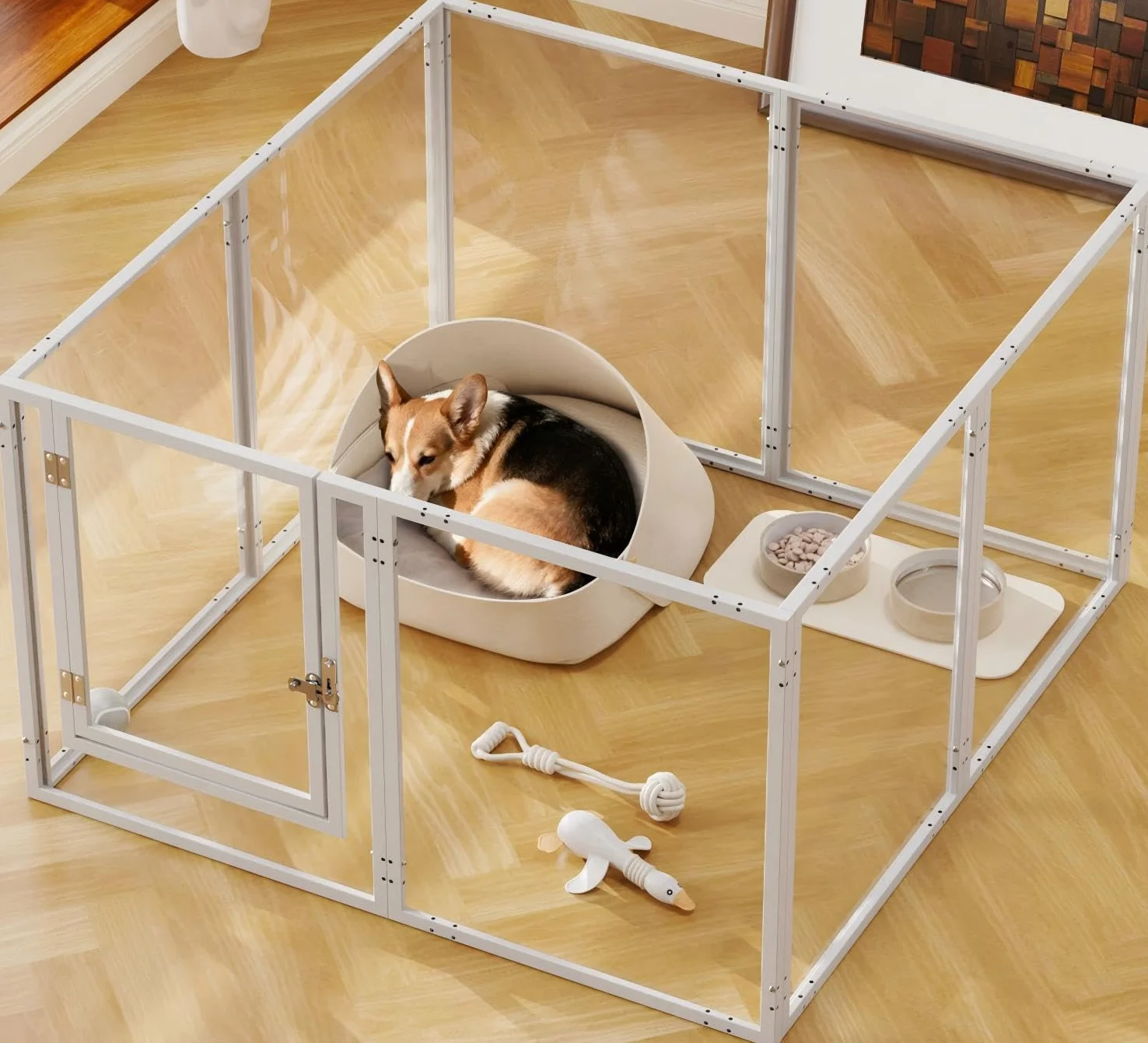 Parc pour Chien 8 Panneaux, Parc Chien Interieur Acrylique，H:60cm, Enclos Chien avec Porte, Cadre métallique, Robuste, Facile à Installer, Convient aux Chien Chiot Lapin Petit,Blanc