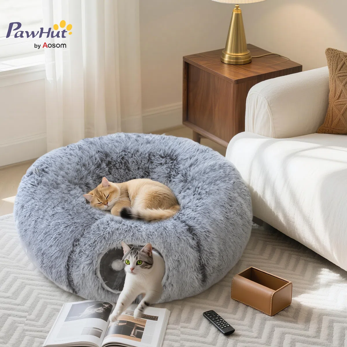 PawHut Tunnel pour Chat Intérieur 2 en 1 avec Lit de Chat en Tissu Suède Doux, Tunnel Chat Rond Pliable en Forme de Donut avec Coussin Circulaire Lavable, Jouet Balle et Trou d'Entrée, Gris Clair