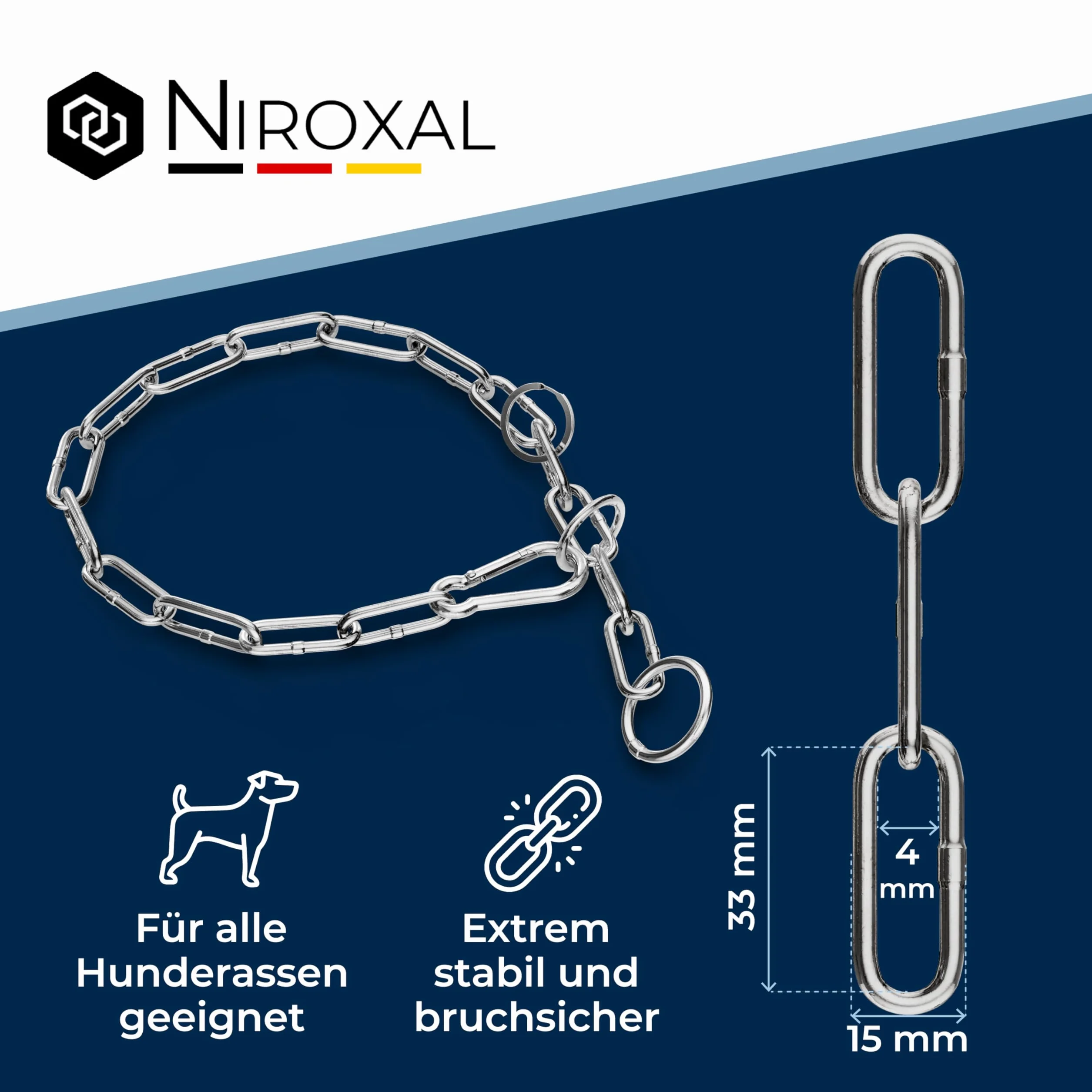 Collier chaîne pour Chien en Acier Inoxydable – Collier combiné avec Mousqueton, Anti-Traction, maillons Longs, 4 mm, 39 cm