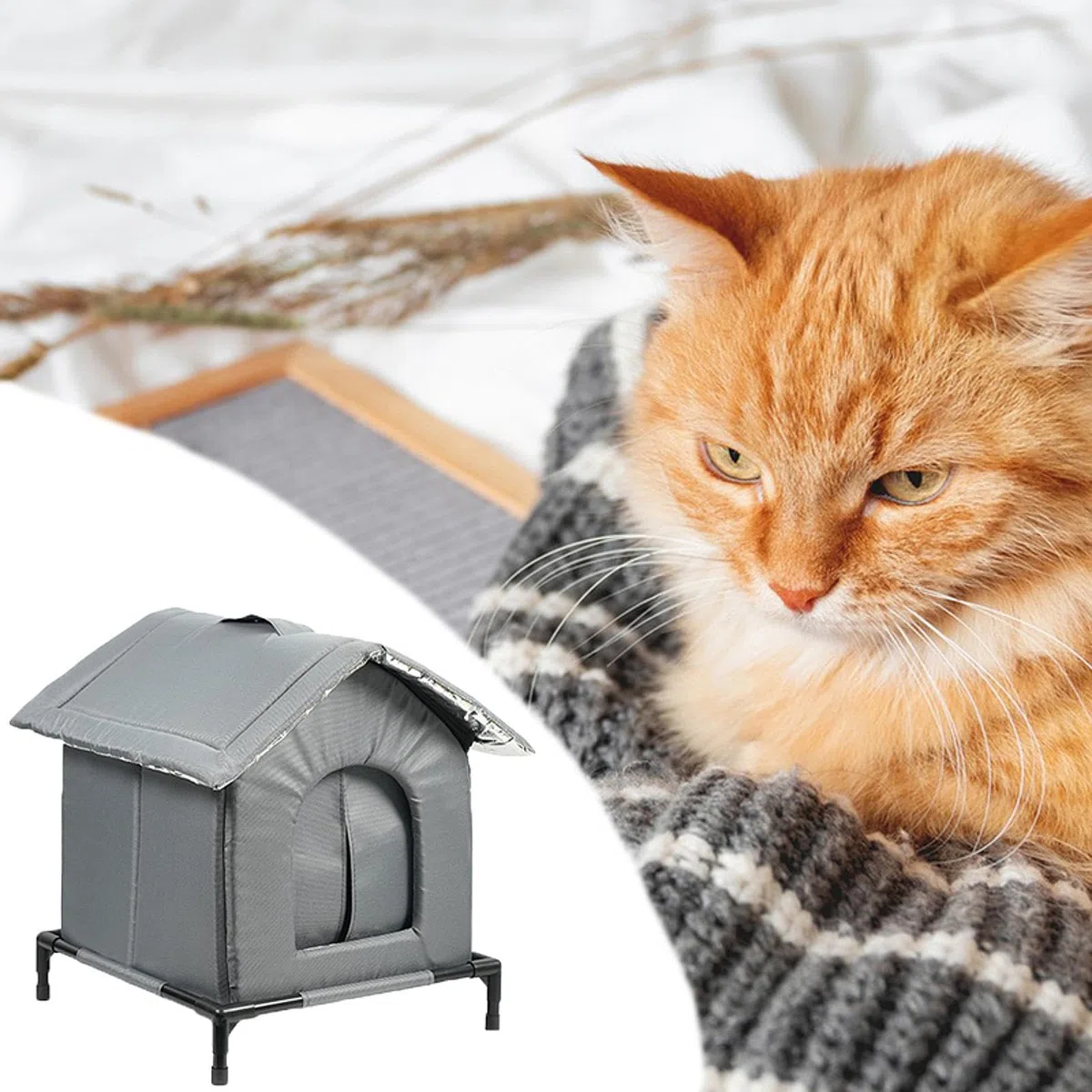 Gralara Niche pour Chat, Abri et Refuge Maisonnette d'Extérieur Chaude avec Coussin Doux et Support Surélevé, Niche pour Petits Animaux Extérieur Hiver, Adapté pour Chats, S