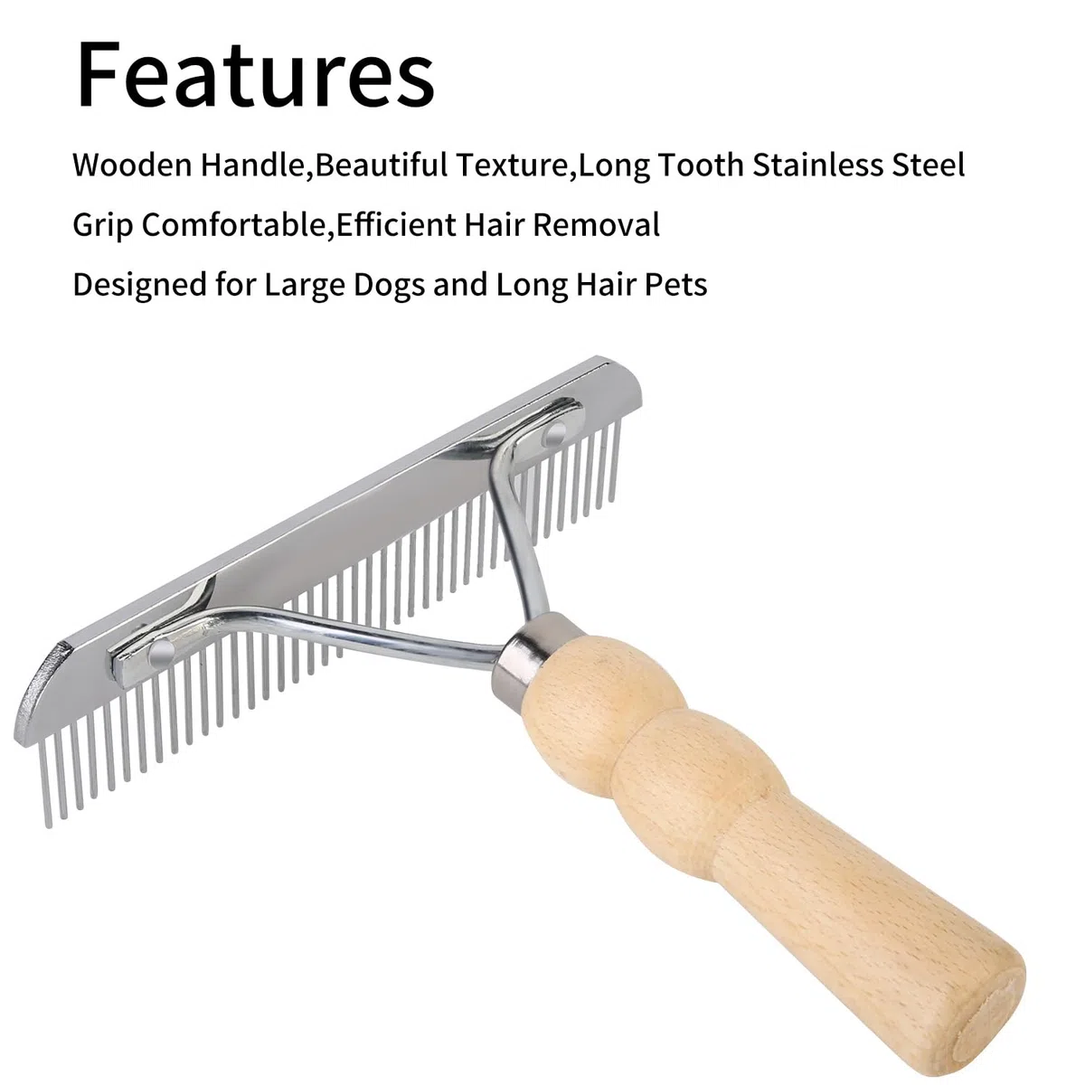Ordermore Râteau à dents longues pour chien avec manche en bois antidérapant, peigne en acier pour poils longs
