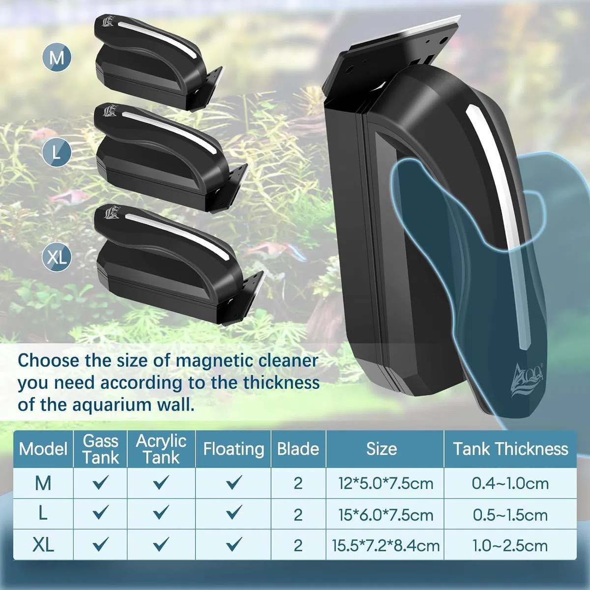 AQQA Aimant Aquarium Nettoyage, Brosse Aquarium Nettoyage Vitre, Brosse Magnétique pour Aquariums avec Grattoir pour Les Aquariums d'une épaisseur Maximale de 2.5 cm