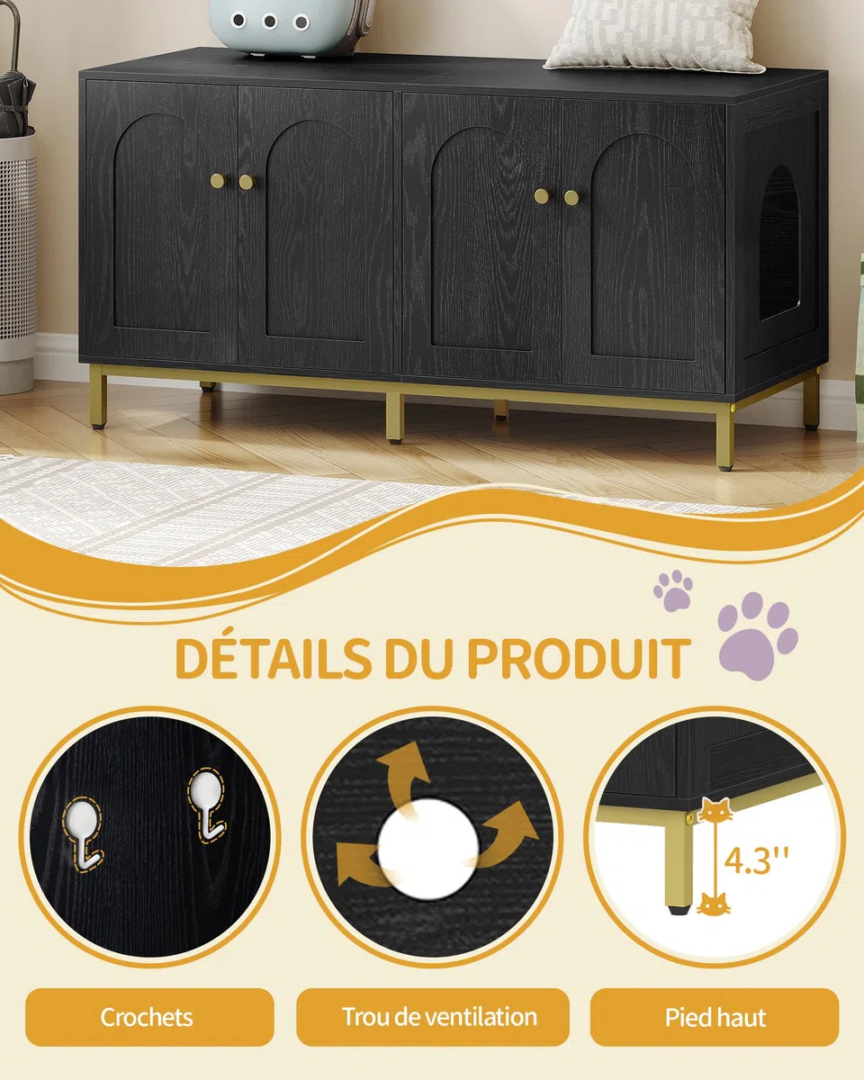 Hzuaneri Maison de Toilette Chat pour 2 Chats, Meuble de Litière Caché de 119cm, Banc de Rangement, Convient à la Plupart des Litières por, Noir et Or CB82304A