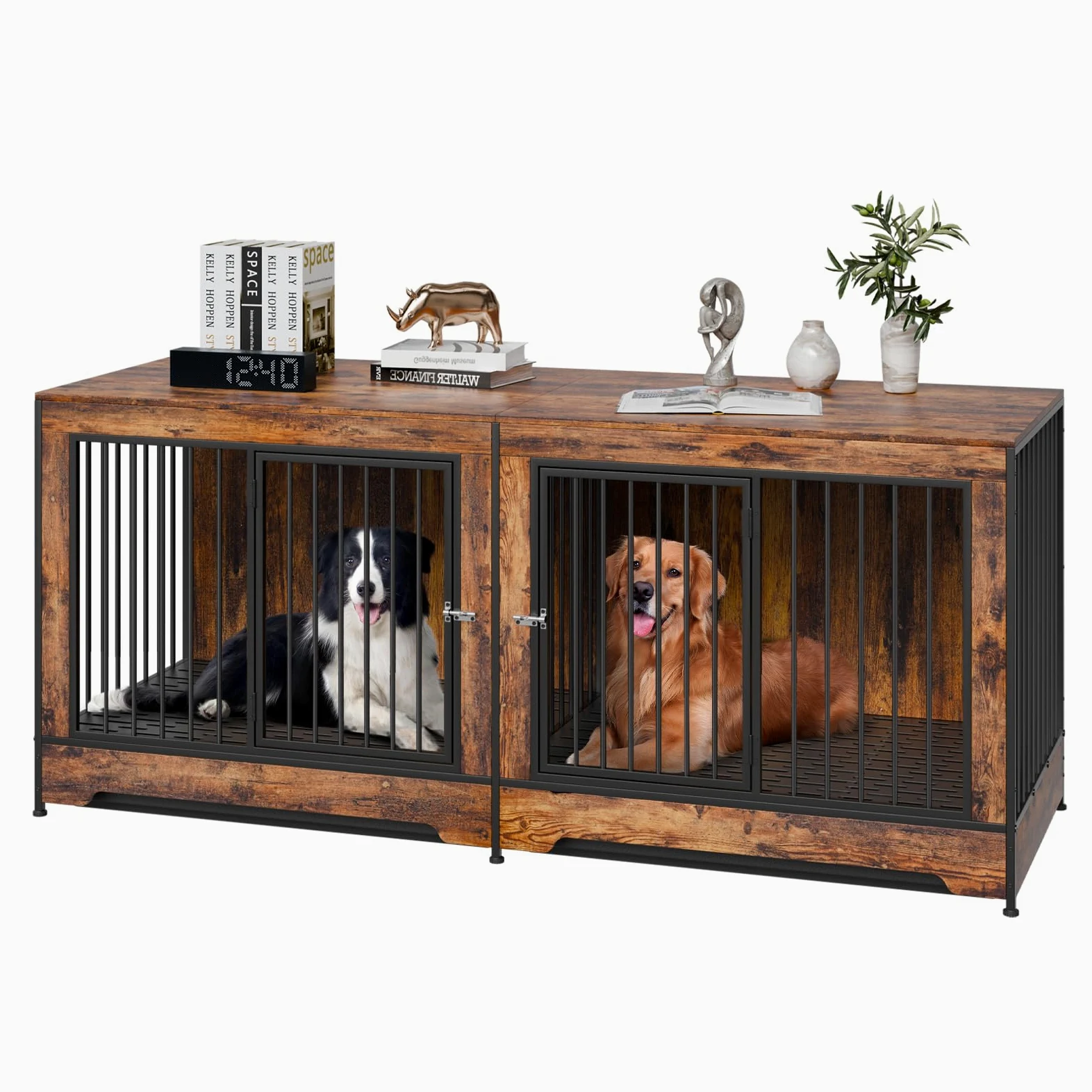 VEVOR Cage pour Chien 1901x670x824 mm Meuble Cage Chien en Bois Intérieur Multi-usages avec Double Porte, Séparateur, Plateau Amovible, Table d'Appoint pour Chiens de Taille Moyenne Grande, Marron