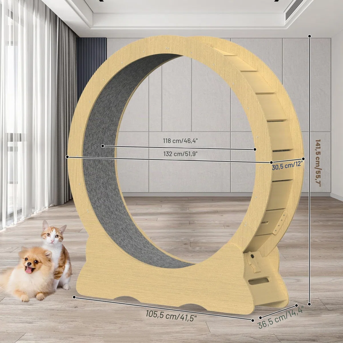 Roue d'exercice pour chat - Diamètre intérieur 120 cm - Jouet super silencieux - Pour chats de toutes tailles - Couleur bois - Taille XXL