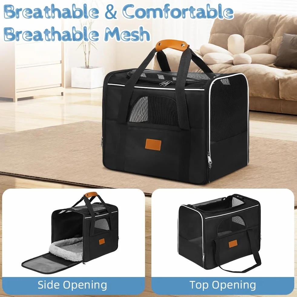 Sac Transport Chat Chien,Cage de Transport XL Anthracit,Respirant et Pliable,Bandoulière Réglable,Sac Voyage Chat avec Matelas en Peluche Amovible + Bol,Approuvé par Les Compagnies Aériennes