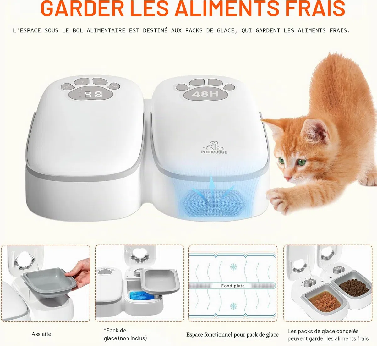Mangeoire automatique pour chats, mangeoire automatique à deux repas pour chiens et chats, mangeoire avec minuteur de 48 heures contrôlé par écran, alimentation automatique avec aliments secs