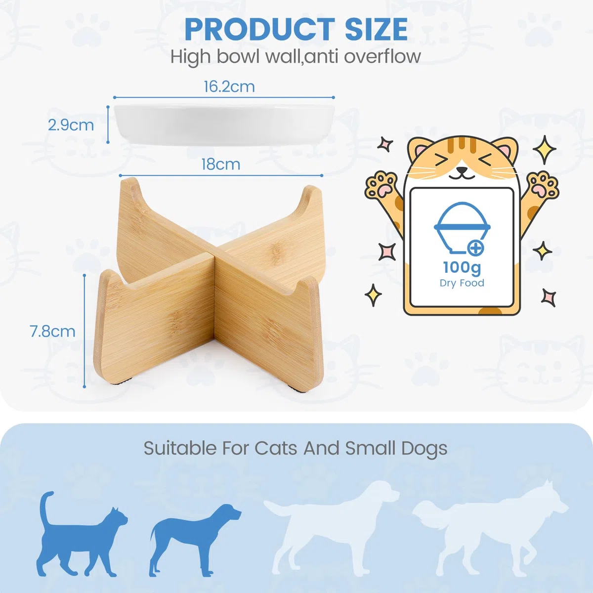 Gamelle Anti Glouton Chat Céramique Surélevée, Bol Assiette Hauteur pour Chats Gourmands avec Support Bambou, Anti Vomissement, Rond, Beige
