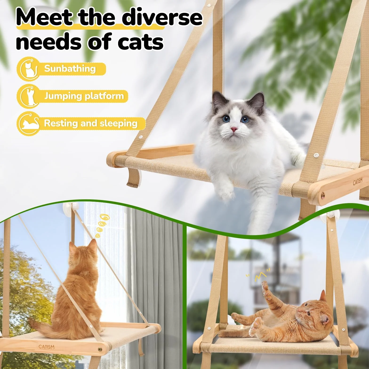 CATISM Pliable Hamac Chat Fenetre jusqu'à 20kg, Hamac pour Chat avec Ventouse Puissante, Tissu Lavable, Support pour Rebord de Fenêtre, Sac de Couchage pour Chats (50x38cm)