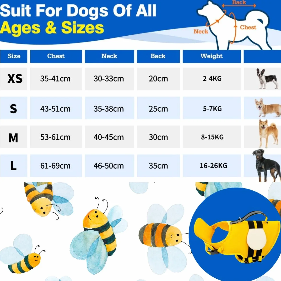 Little Bean Gilet de Sauvetage réglable pour Chien avec flottabilité supérieure et poignée de Sauvetage pour Chiens de Petite, Moyenne et Grande Taille (Jaune, L)