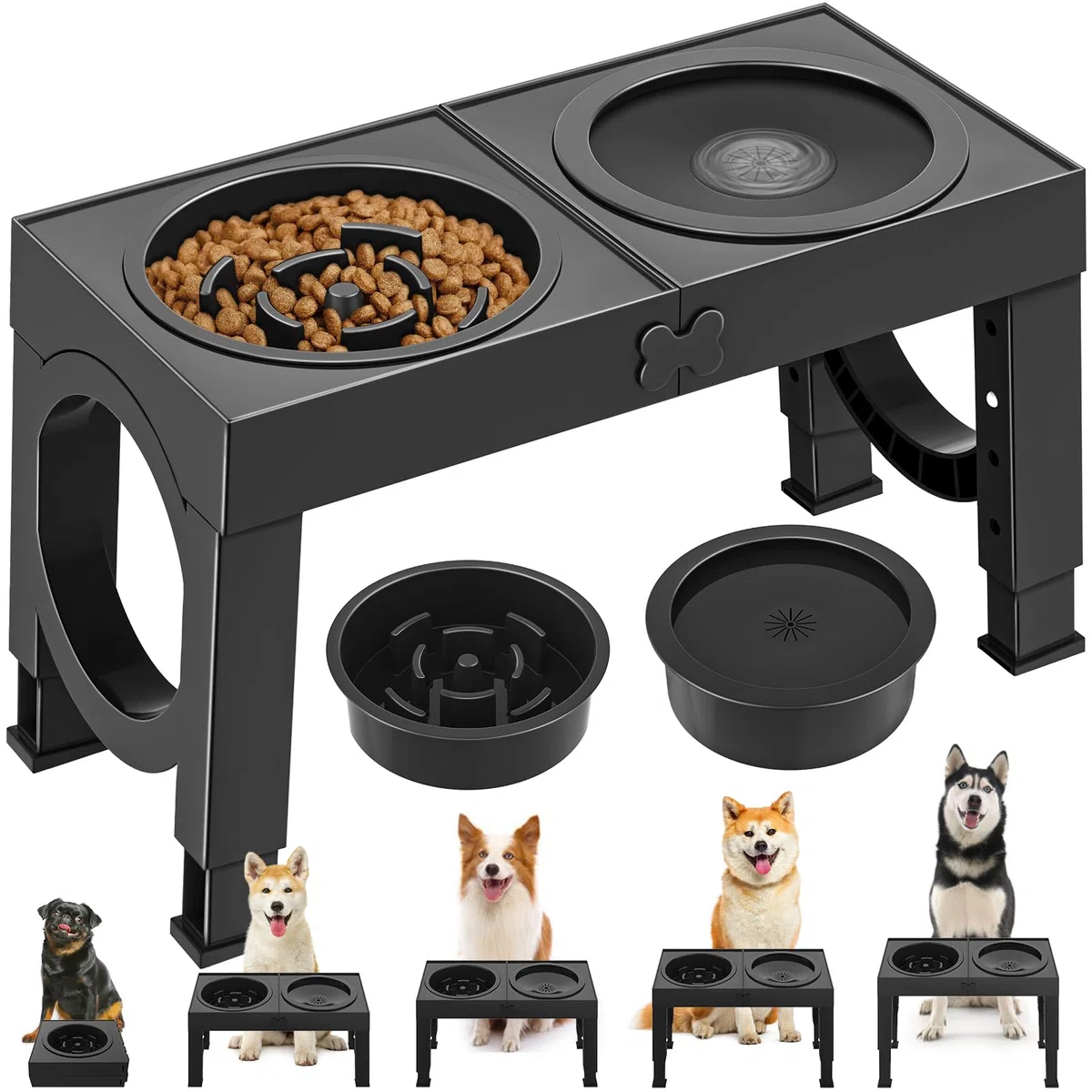 X XBEN 3-in-1 Gamelles Surélevées de 5 Hauteurs Ajustables, Gamelle pour Chien avec 1L Gamelle Anti-Glouton et 1,4L Anti-éclaboussures, Antidérapant, pour Chien de Taille Moyenne et Grande