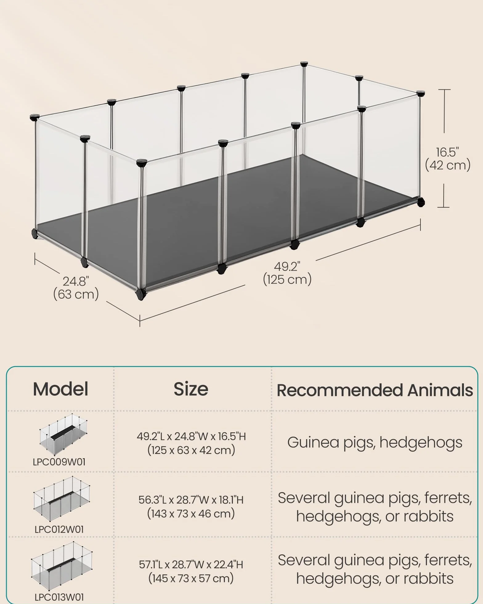 SONGMICS Enclos pour Animaux avec Plancher et Tapis Imperméable et Amovible, Parc pour Petits Animaux, pour Hamsters, Lapin, Hérisson, Cochon d’Inde, 125 x 63 x 42 cm, Blanc LPC009W01