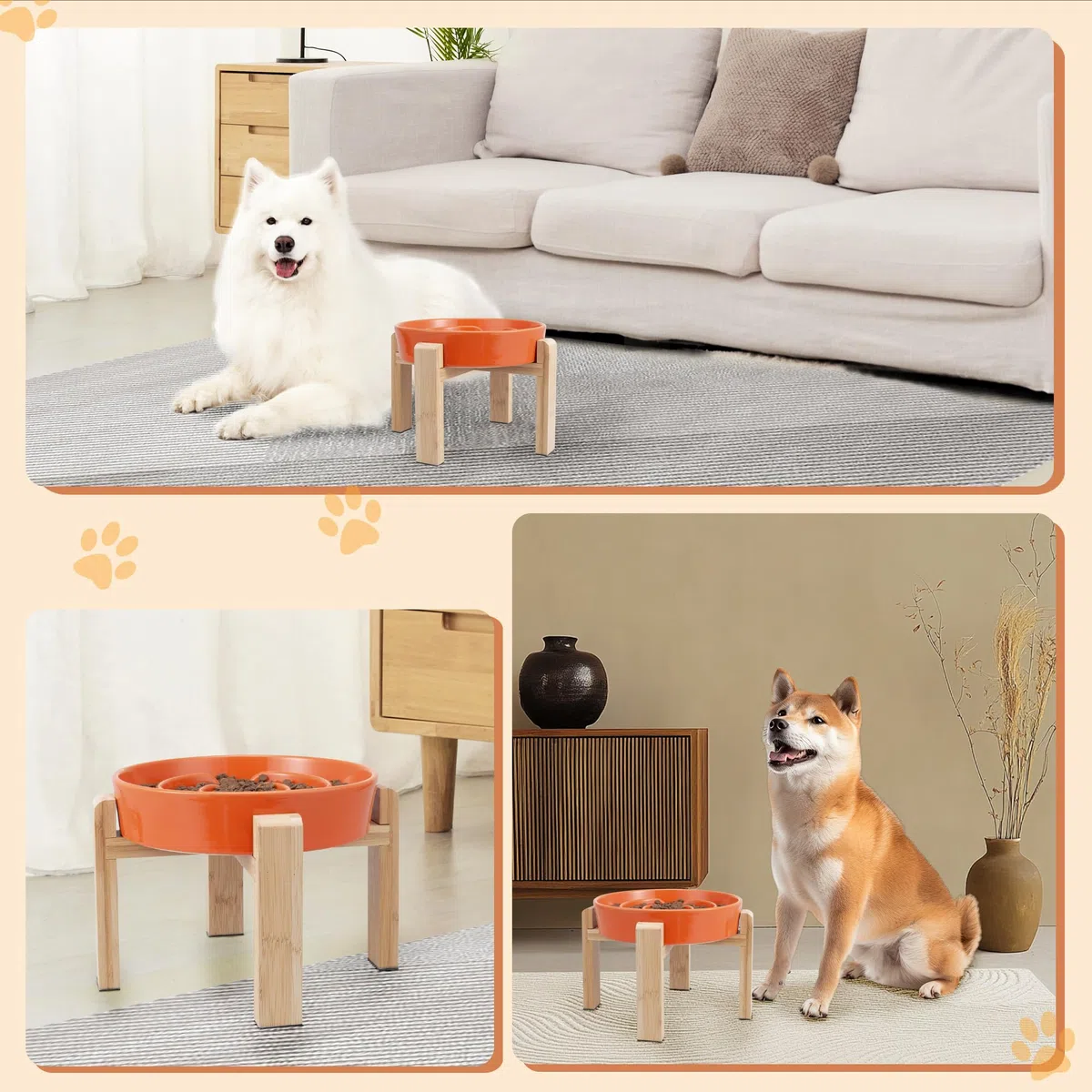 Gamelle Anti-Glouton Surélevée pour Chien - Bol en Céramique avec Support en Bambou - Idéale pour Chiens Moyens et Grands - Orange - 22,5 cm
