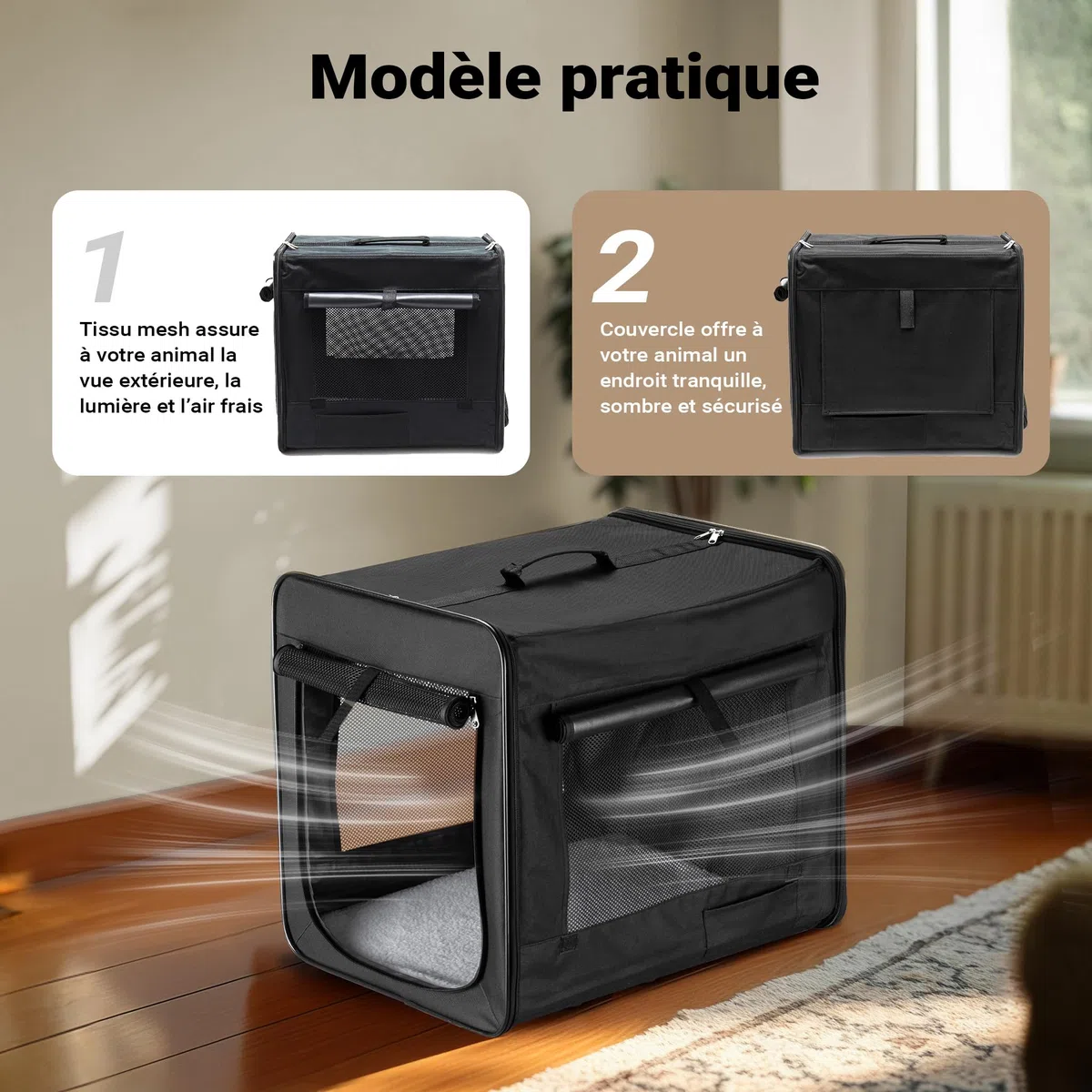Wiltec Caisse de Transport Noire Pliable pour Chiens Chats Animaux domestiques - Taille XL / 94 x 66 x 74 cm/Charge Max. 20 kg - avec Coussin - boîte Voyages Canine féline