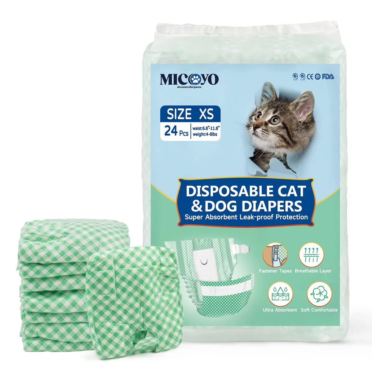 MICOOYO Couche Chien Femelle, Couch Chat Super Absorbantes pour Petits Chats et Chiennes, Pantalons Jetables pour Chiennes en Chaleur (XS,Vert)
